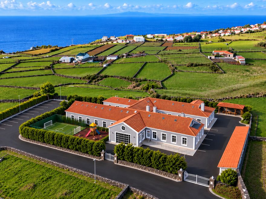 Vista aérea do condomínio, com telhados de telha entre campos verdes e o mar ao fundo