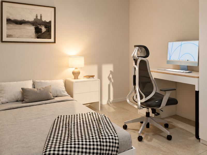 Segundo quarto da fração F, com cama de solteiro e secretária
