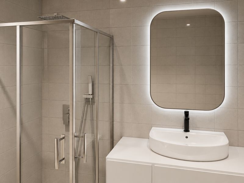 Casa de banho da fração F, com base de duche em vidro e espelho iluminado