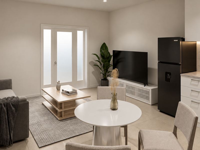Sala e cozinha da fração H, com sofá, mesa redonda e porta envidraçada