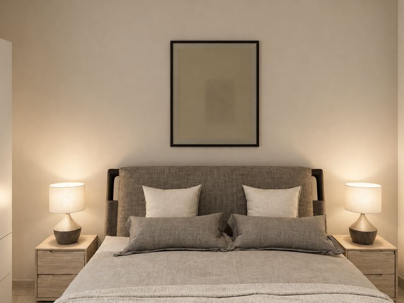 Quarto da fração H, com cama de casal e mesas de cabeceira