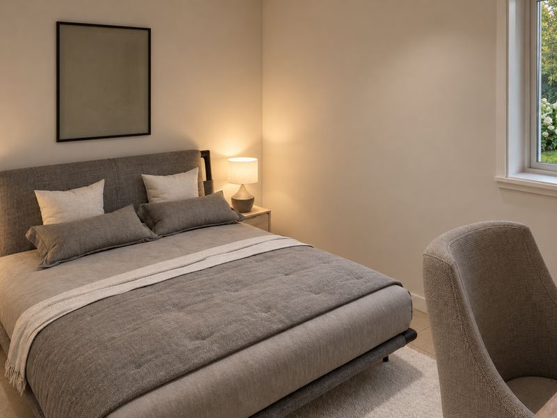 Quarto da fração H, com cama de casal e janela para o jardim