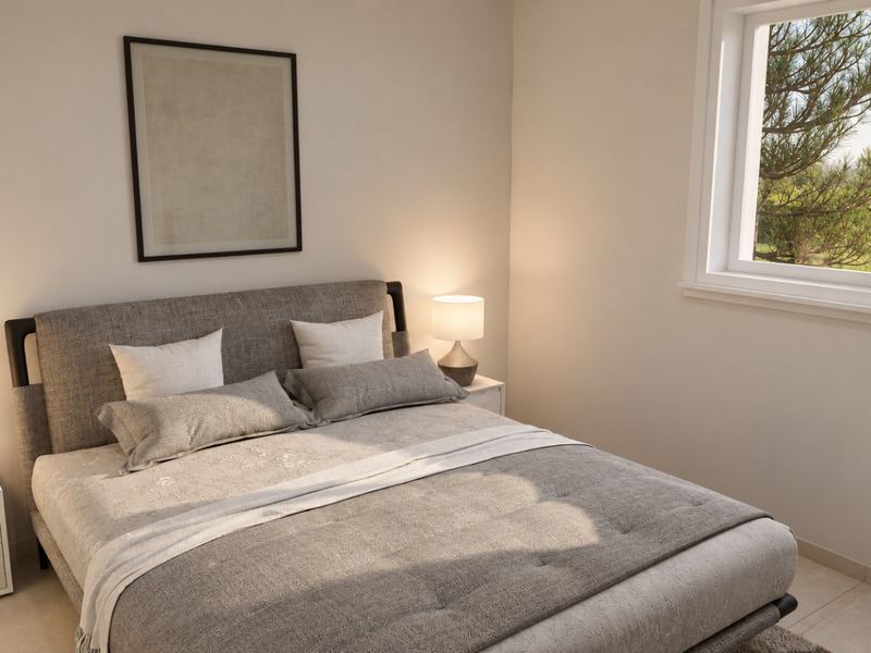 Quarto da fração K, com cama de casal e janela para o campo