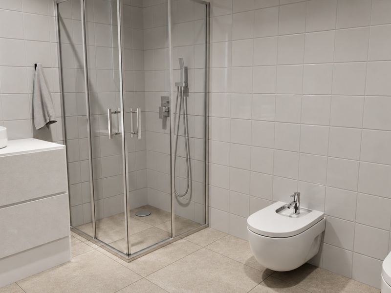 Casa de banho da fração K, com base de duche em vidro, sanita e bidé