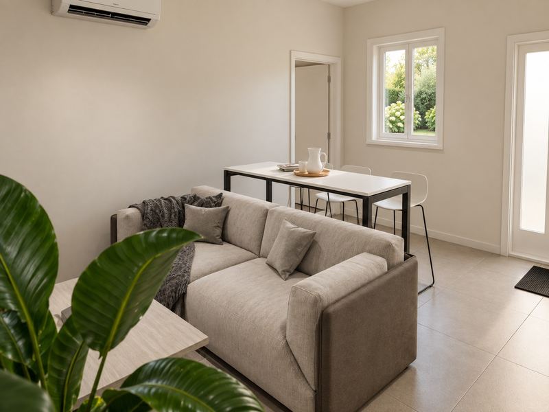 Sala da fração W, com sofá, mesa de refeições e janela para o jardim