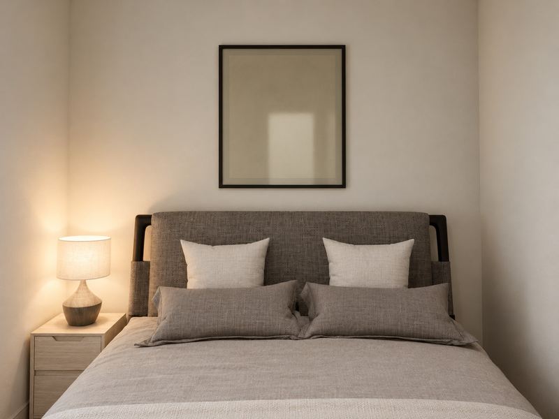 Quarto da fração W, com cama de casal e mesa de cabeceira